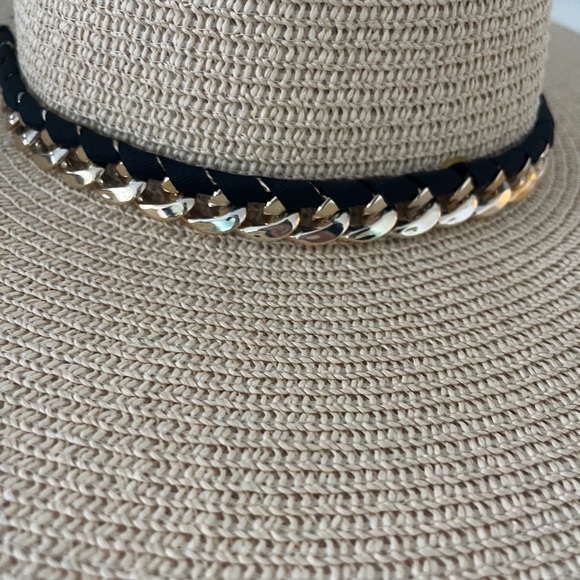 Tan/natural/khaki sun hat with black and gold detailing - Picture 3 of 4